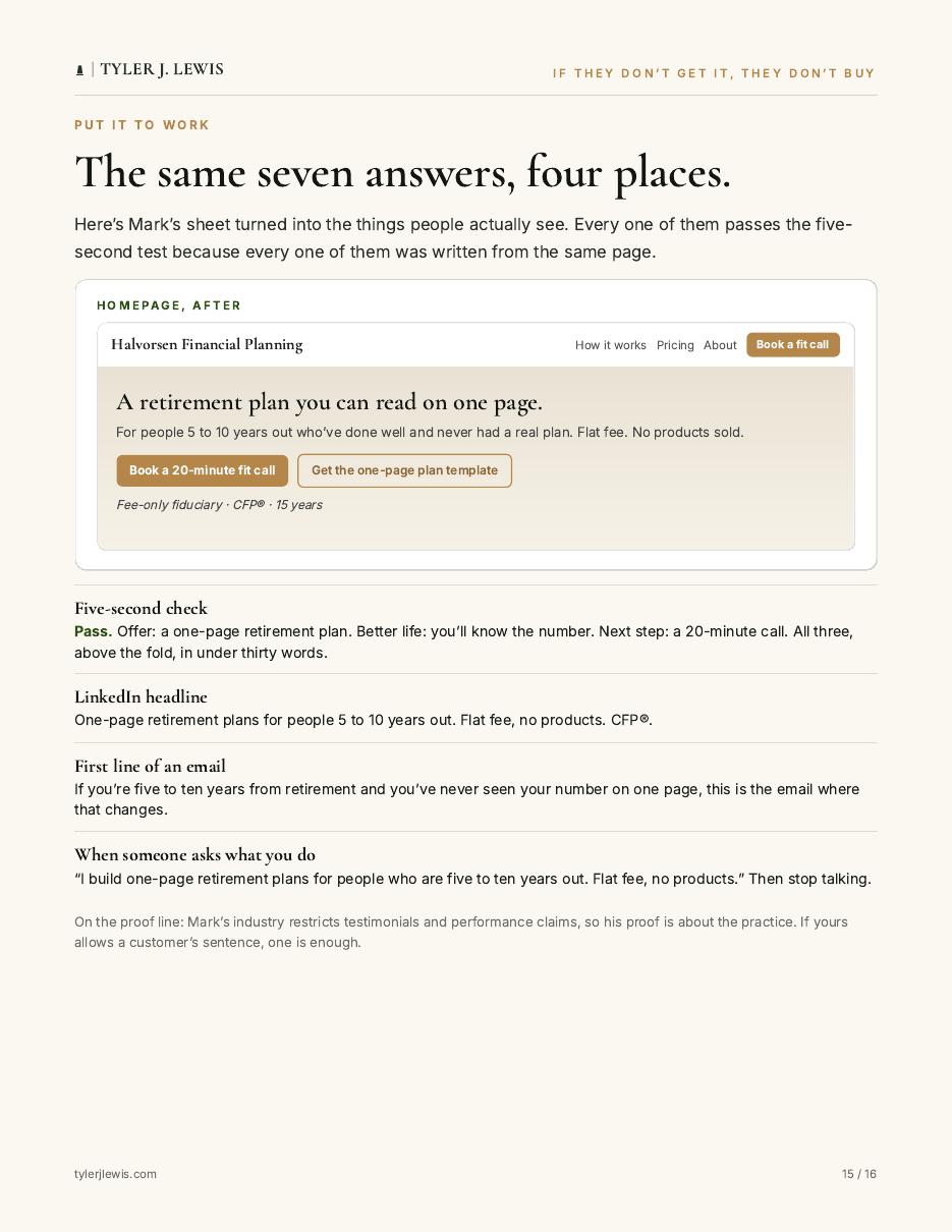Interior page from the guide showing a made-up financial advisor's message rewritten to pass the five-second test.