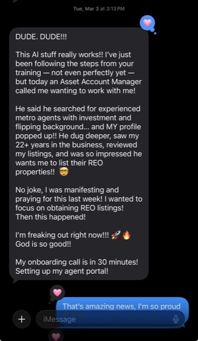 Text message about an asset manager finding an agent through AI search