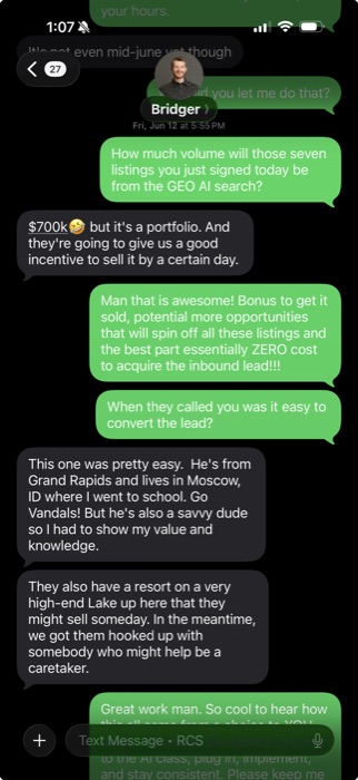 Text message: seven listings, a $700K portfolio, from one inbound lead