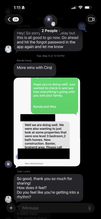 Text message thread showing a routine Cirql check-in leading to a live conversation
